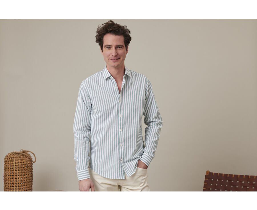 Chemise coton lin rayée Verte et Blanche - SIMONIN