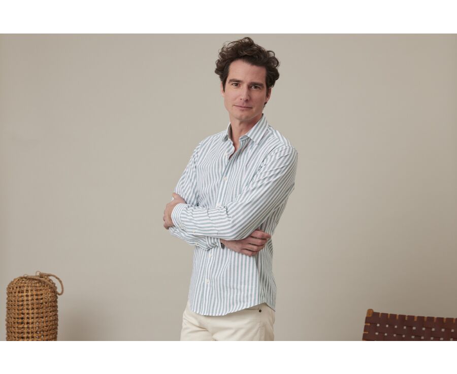 Chemise coton lin rayée Verte et Blanche - SIMONIN