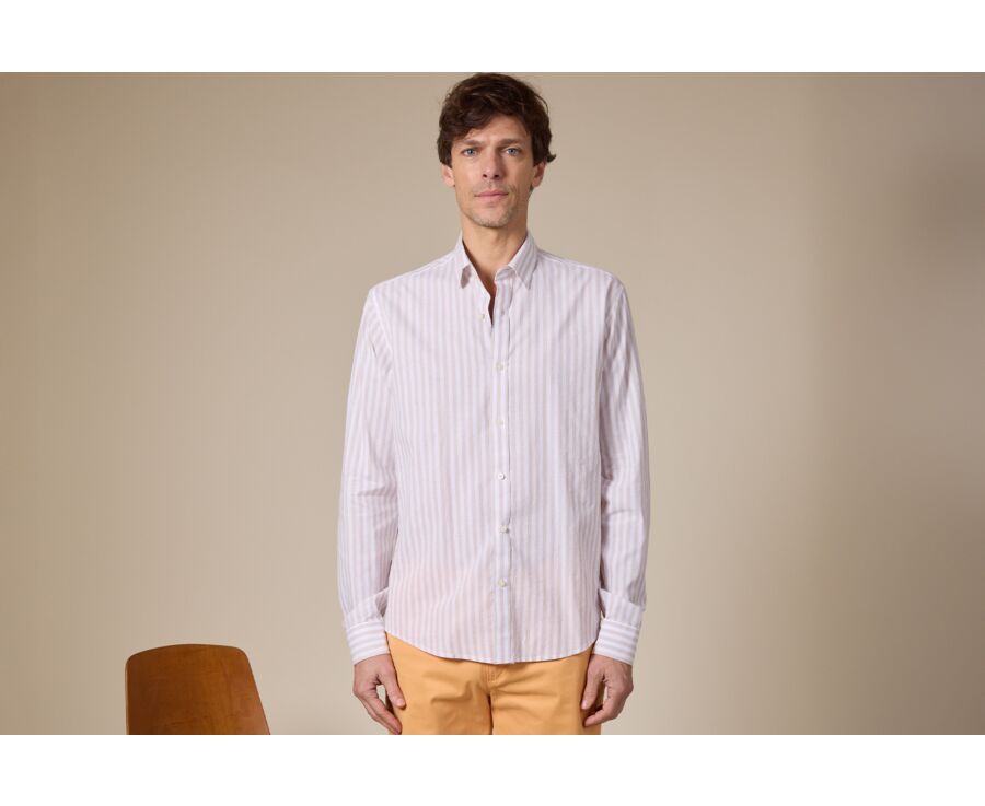 Chemise à rayures coton/lin Beige Clair et Blanc - Col Français - SIMONIN