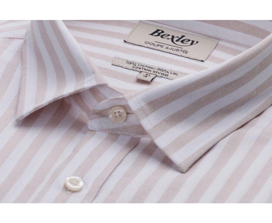 Chemise à rayures coton/lin Beige Clair et Blanc - Col Français - SIMONIN