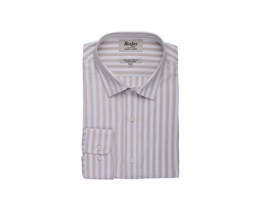 Chemise à rayures coton/lin Beige Clair et Blanc - Col Français - SIMONIN