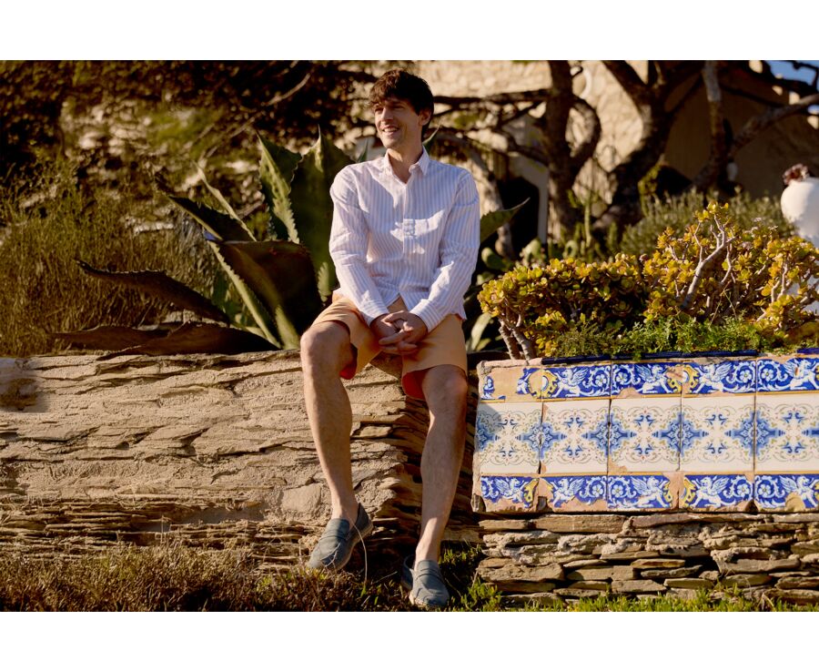 Chemise à rayures coton/lin Beige Clair et Blanc - Col Français - SIMONIN