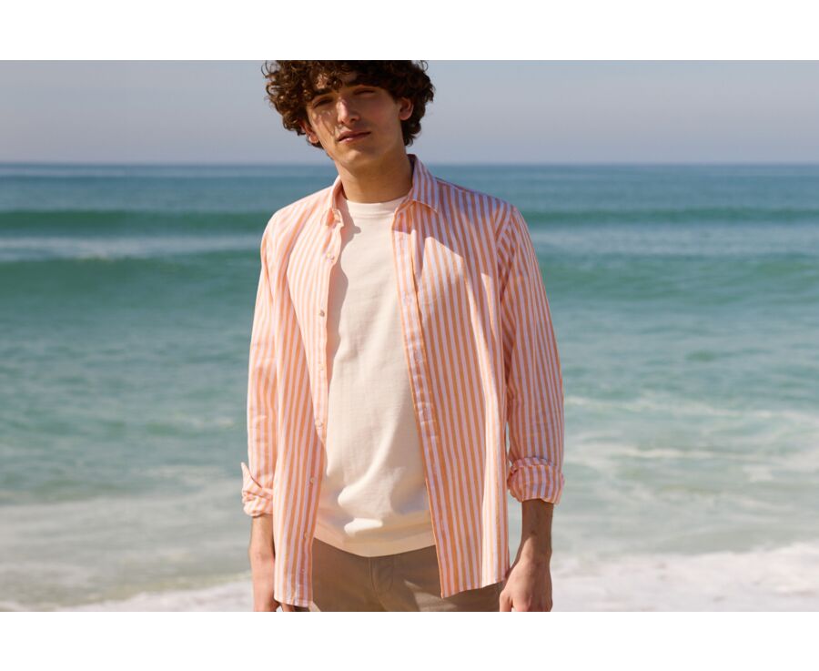 Chemise coton lin rayée Orangé jaune et Blanc - SIMONIN