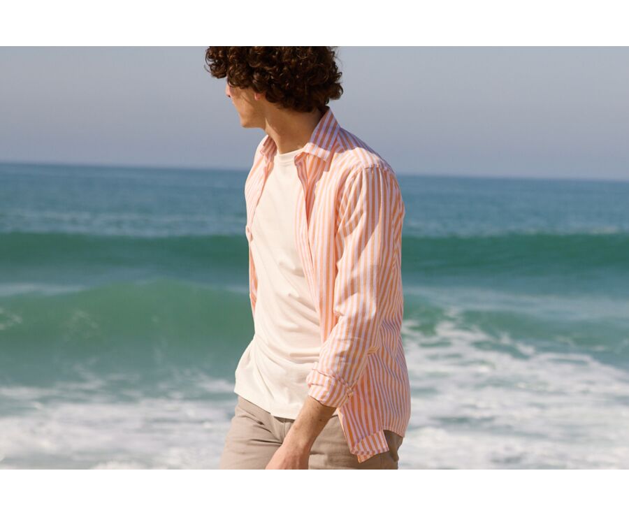 Chemise coton lin rayée Orangé jaune et Blanc - SIMONIN