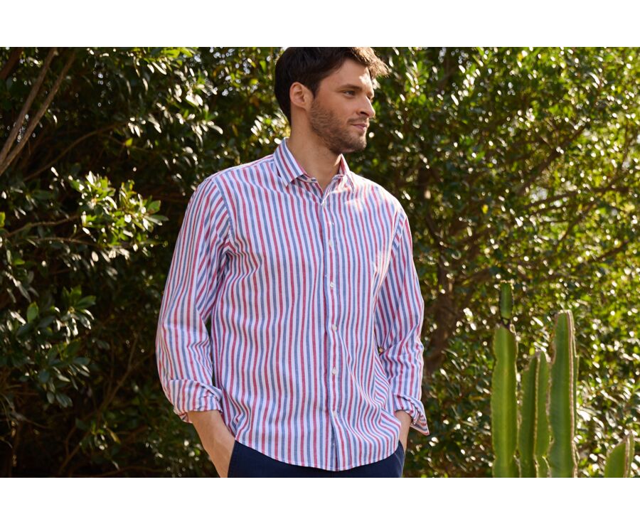 Chemise coton lin rayée Bleu vintage Rouge et Blanc - SIMONIN