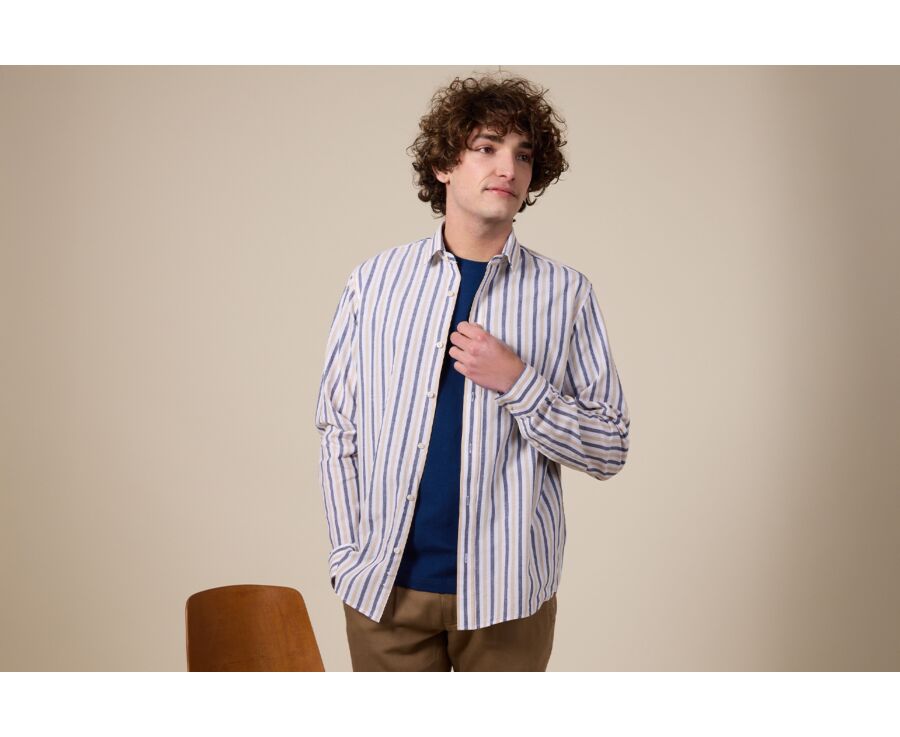 Chemise à rayures coton/lin Marine et Beige Foncé - Col Français - SIMONIN
