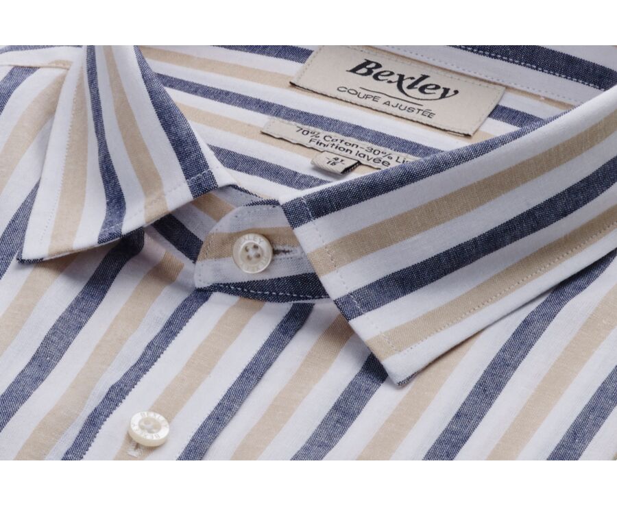 Chemise à rayures coton/lin Marine et Beige Foncé - Col Français - SIMONIN