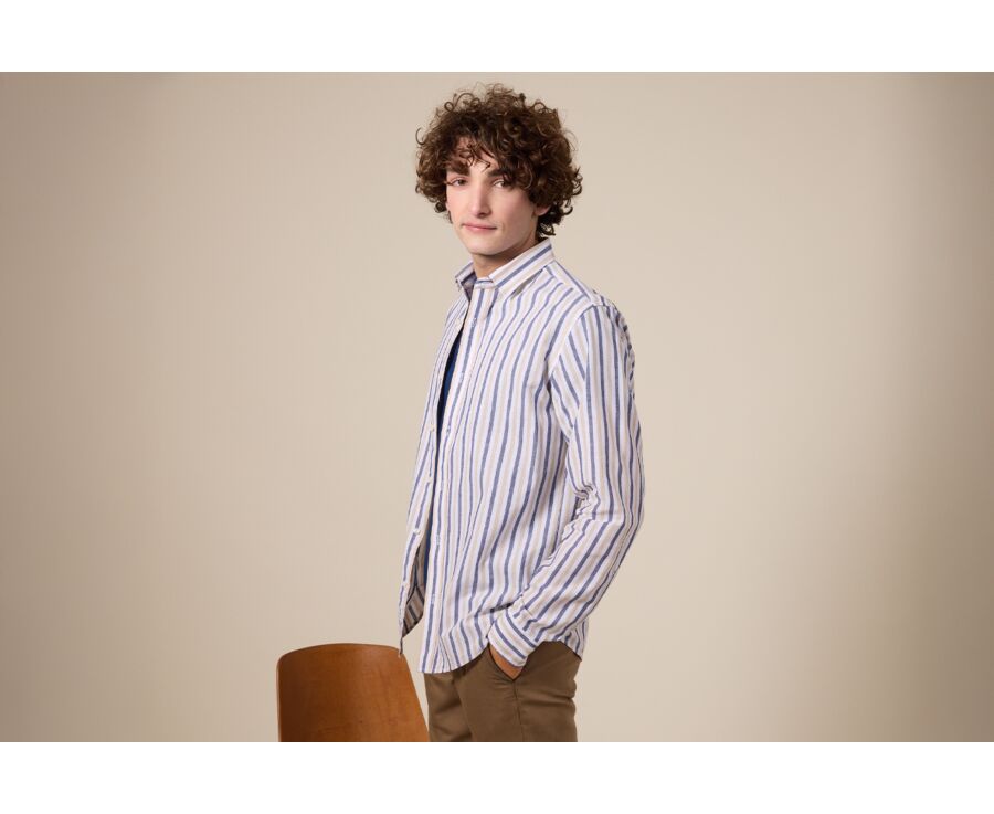 Chemise à rayures coton/lin Marine et Beige Foncé - Col Français - SIMONIN