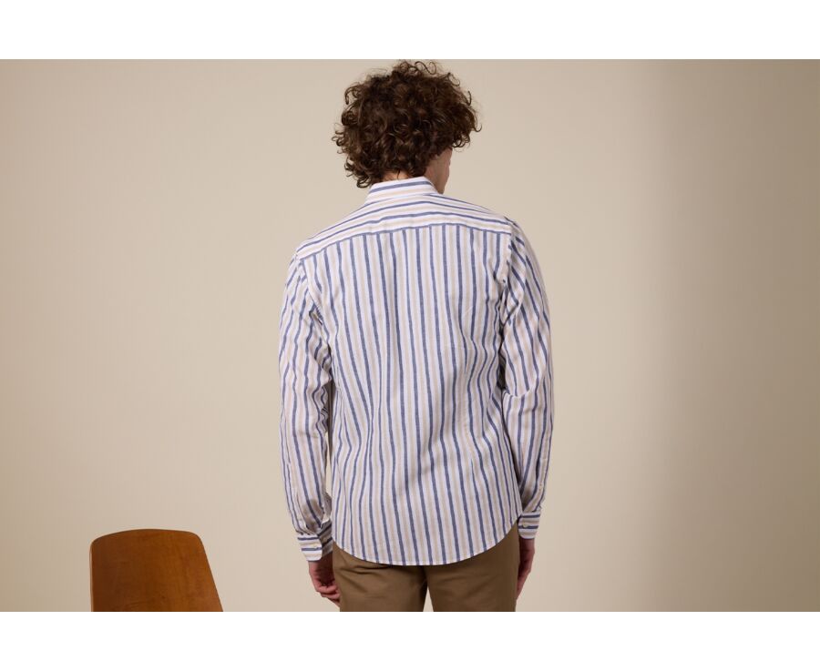 Chemise à rayures coton/lin Marine et Beige Foncé - Col Français - SIMONIN