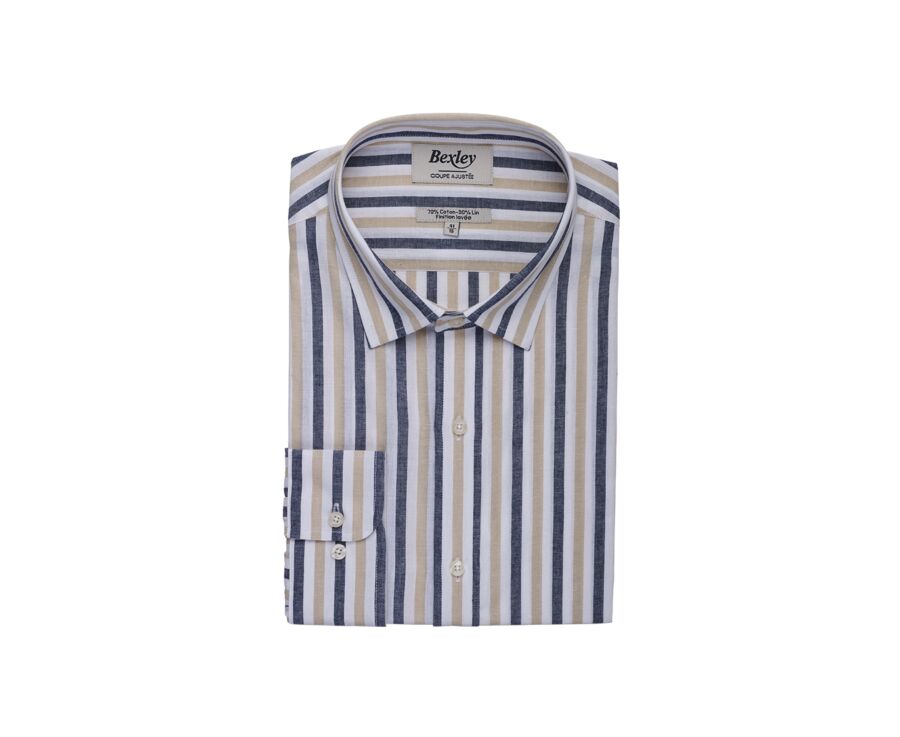 Chemise à rayures coton/lin Marine et Beige Foncé - Col Français - SIMONIN