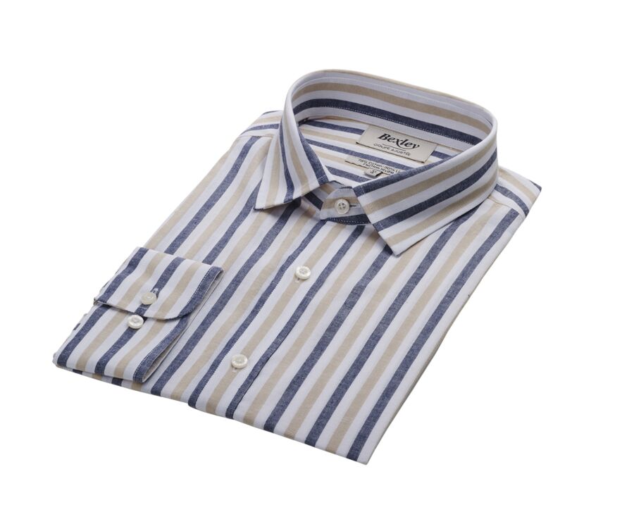 Chemise à rayures coton/lin Marine et Beige Foncé - Col Français - SIMONIN