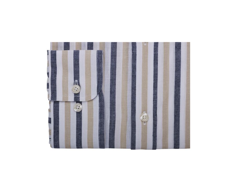 Chemise à rayures coton/lin Marine et Beige Foncé - Col Français - SIMONIN