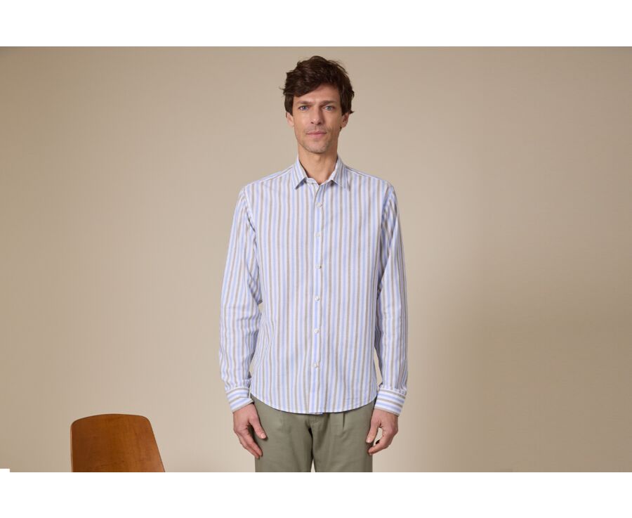 Chemise à rayures coton/lin Bleu Ciel et Vert Sauge - Col Français - SIMONIN