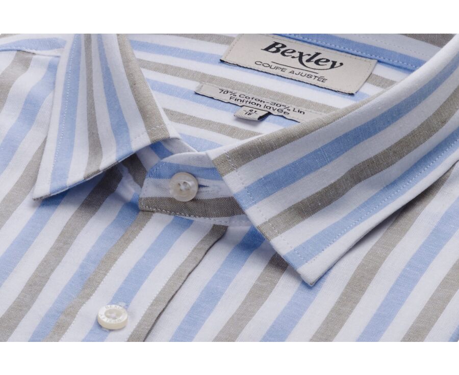 Chemise à rayures coton/lin Bleu Ciel et Vert Sauge - Col Français - SIMONIN