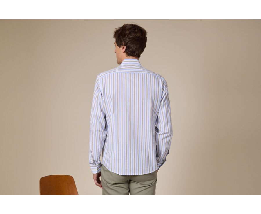 Chemise à rayures coton/lin Bleu Ciel et Vert Sauge - Col Français - SIMONIN