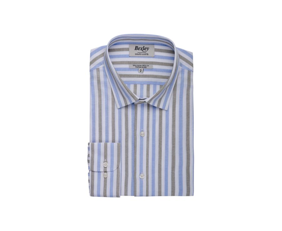 Chemise à rayures coton/lin Bleu Ciel et Vert Sauge - Col Français - SIMONIN