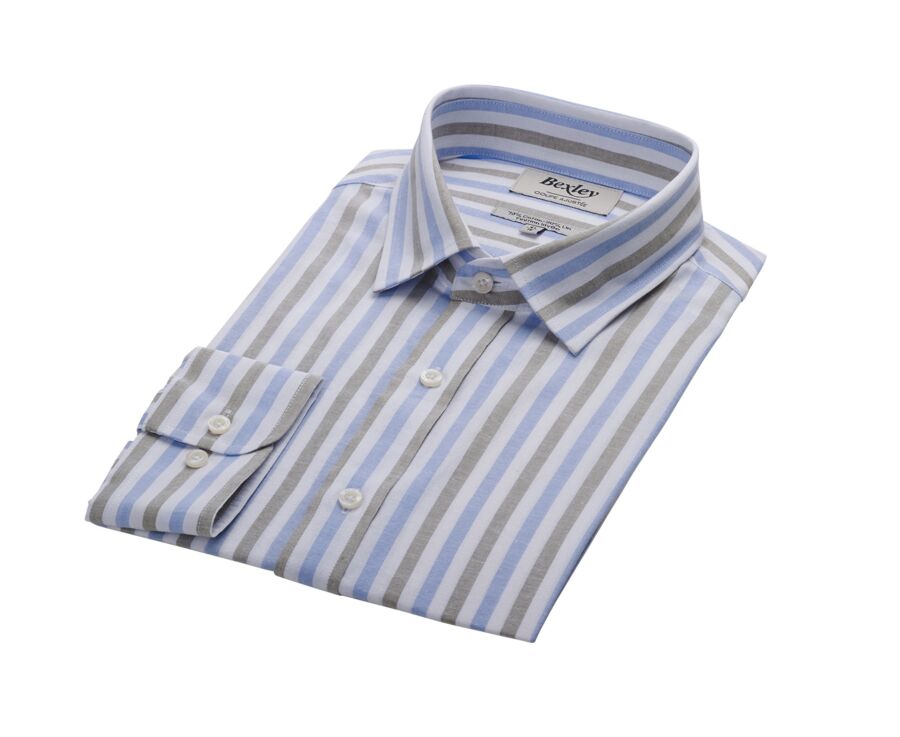Chemise à rayures coton/lin Bleu Ciel et Vert Sauge - Col Français - SIMONIN