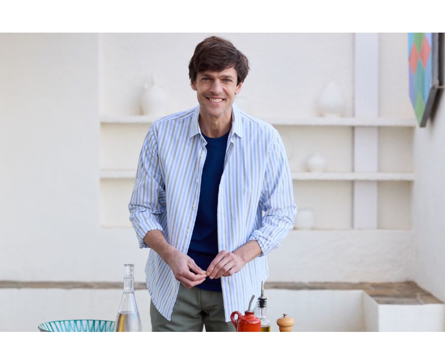 Chemise à rayures coton/lin Bleu Ciel et Vert Sauge - Col Français - SIMONIN