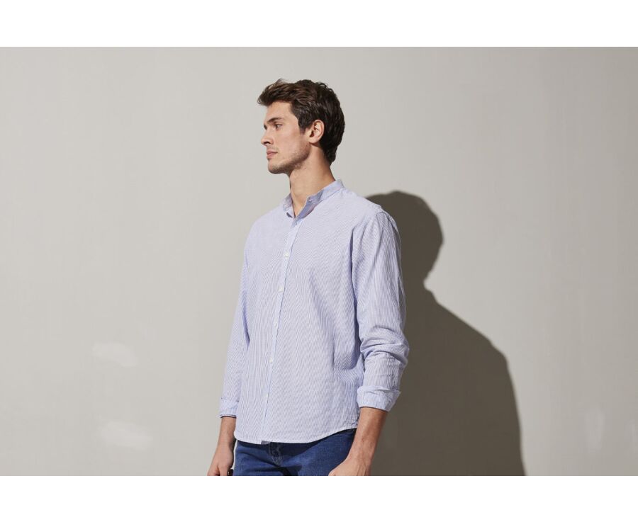 Chemise coton lin rayures fines bleues fonc es et blanches