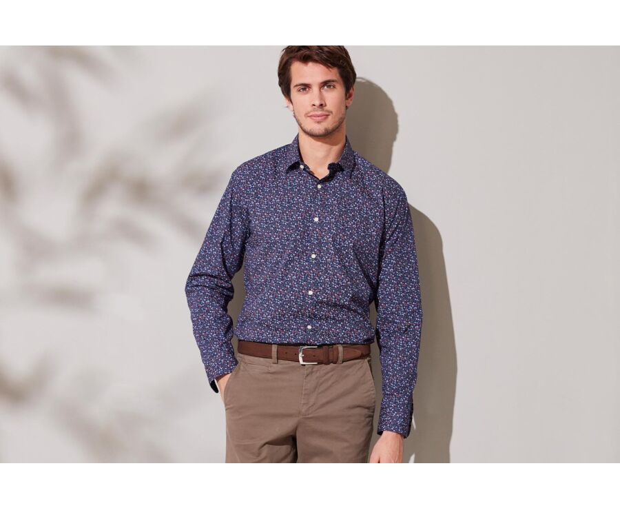 Chemise homme bleue foncée à motif floral rouge et bleu - GASSIEN