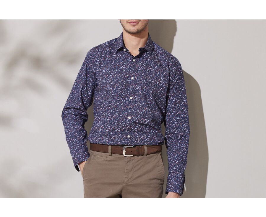Chemise homme bleue foncée à motif floral rouge et bleu - GASSIEN