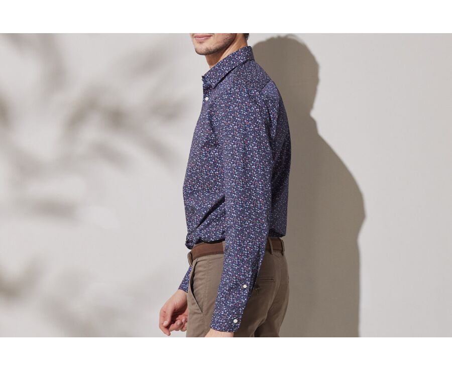 Chemise homme bleue foncée à motif floral rouge et bleu - GASSIEN