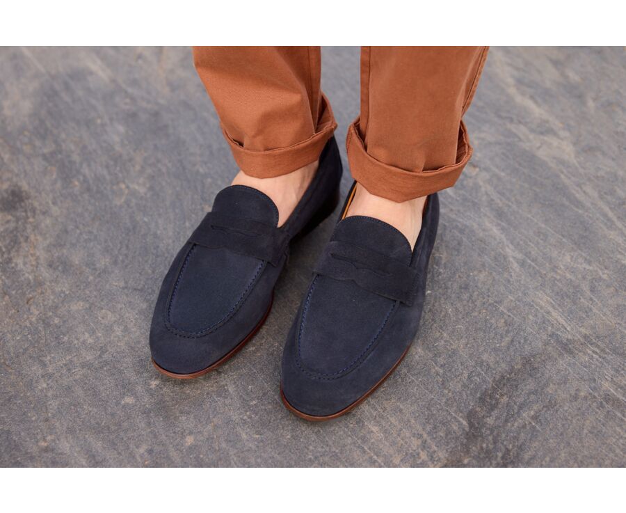 Mocassin homme Velours Navy - semelle cuir - CEVIO