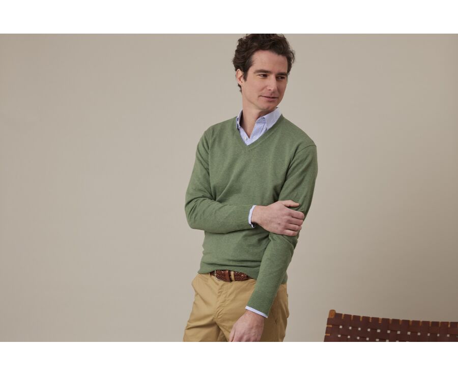 Pull fin homme col V coton bio/cachemire Sauge Chiné - VALTON