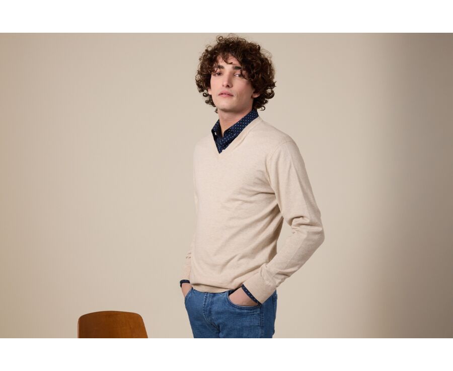 Pull fin homme col V coton bio/cachemire Beige Clair Chiné - VALTON