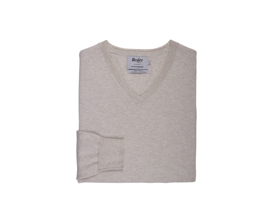 Pull fin homme col V coton bio/cachemire Beige Clair Chiné - VALTON