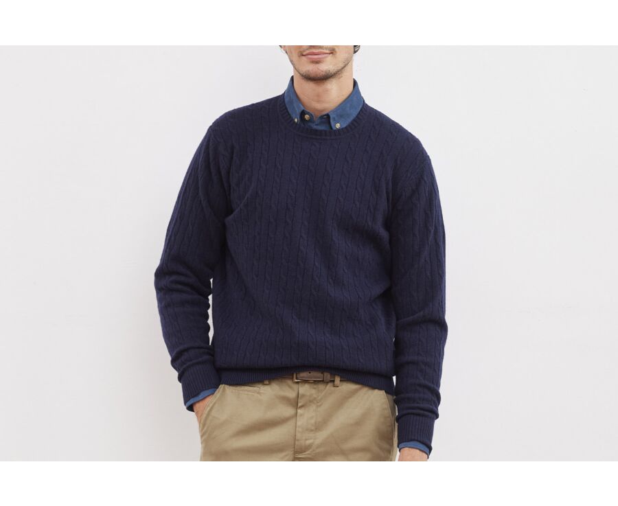 Pull laine torsadée homme col rond Bleu marine - CONTOR