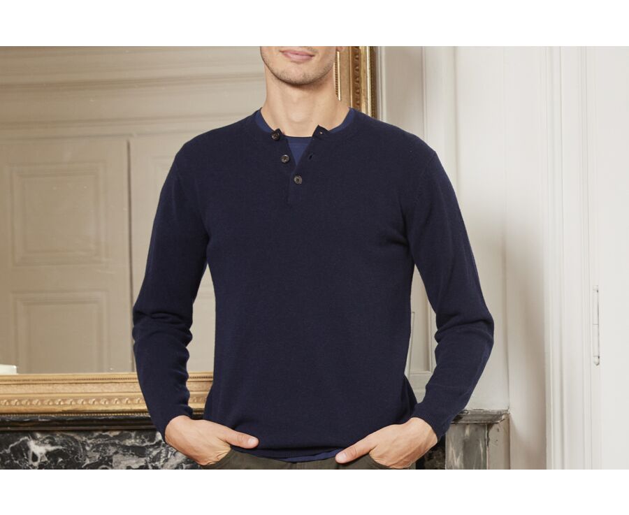 Pull laine homme col rond boutonné Bleu marine - CULIAN