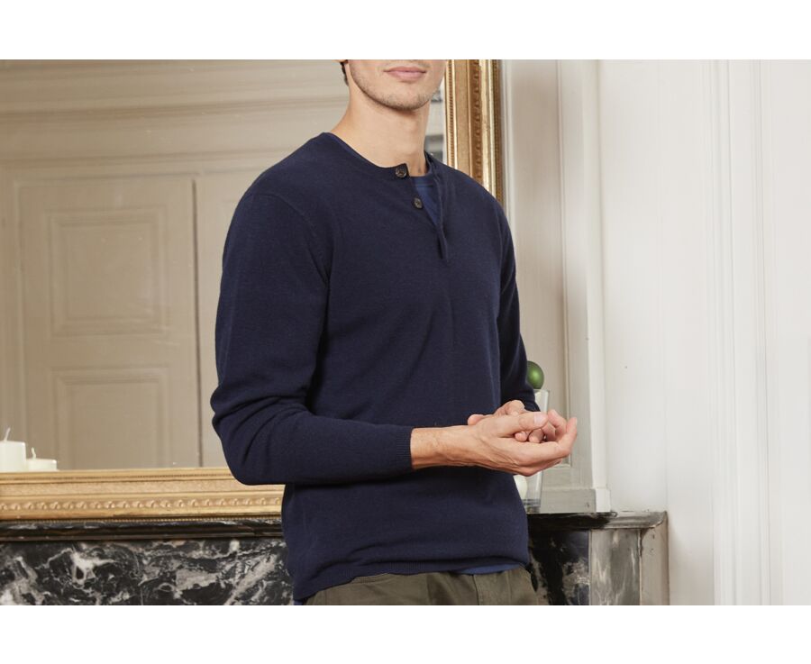 Pull laine homme col rond boutonné Bleu marine - CULIAN