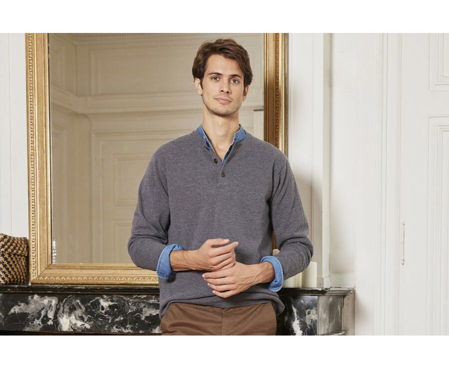 Pull homme en laine col boutonné Gris Moyen Chiné - CULIAN