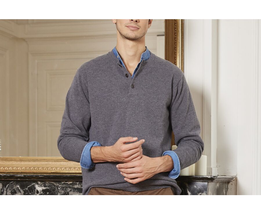 Pull homme en laine col boutonné Gris Moyen Chiné - CULIAN