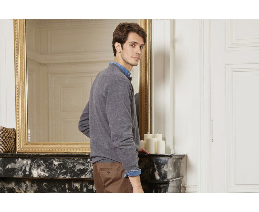 Pull homme en laine col boutonné Gris Moyen Chiné - CULIAN