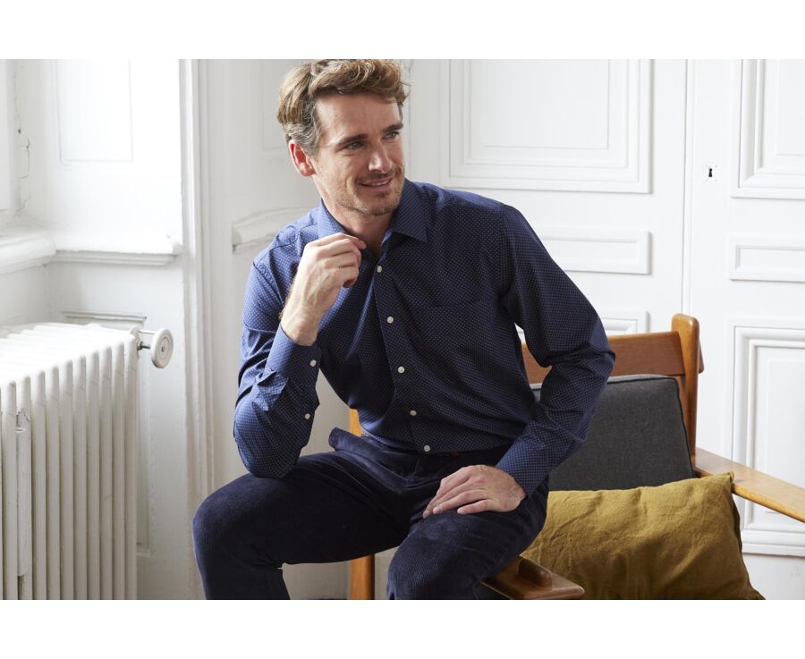Chemise coton imprimée navy motif beige foncé - Poche poitrine - ADALBERT