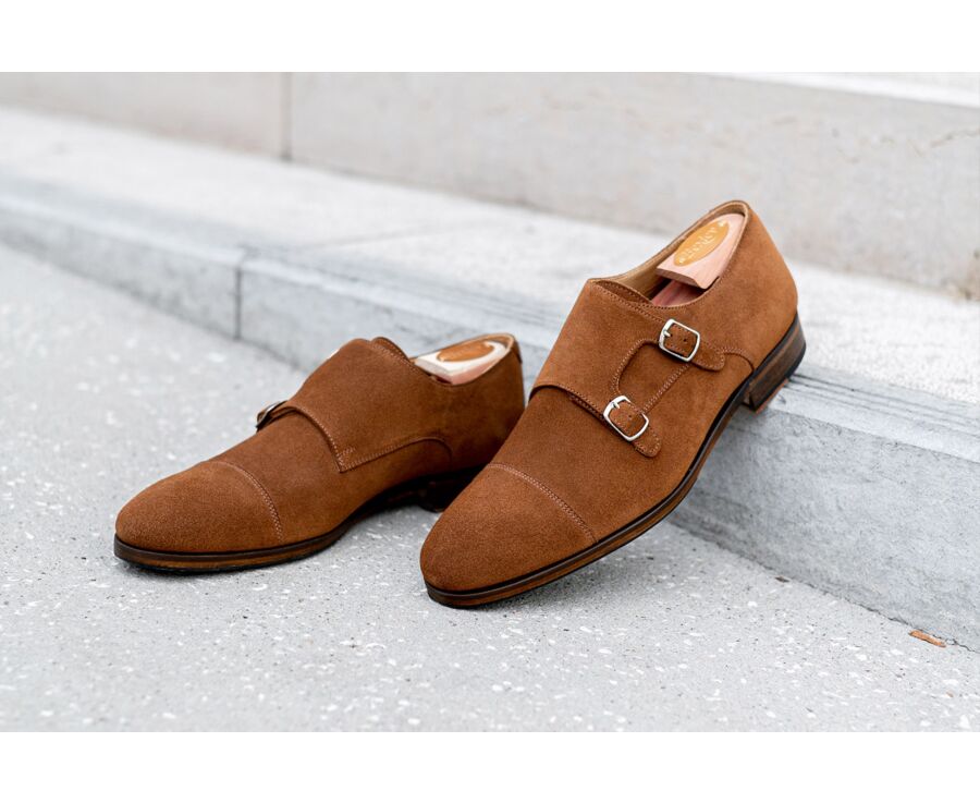 Chaussures homme double boucle velours cognac avec patin - GRESHEY PATIN
