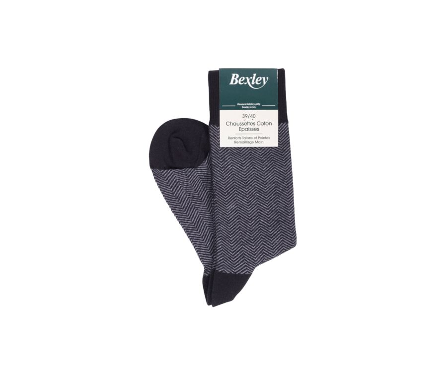 Chaussettes homme épaisses coton motif chevrons Noir et Gris