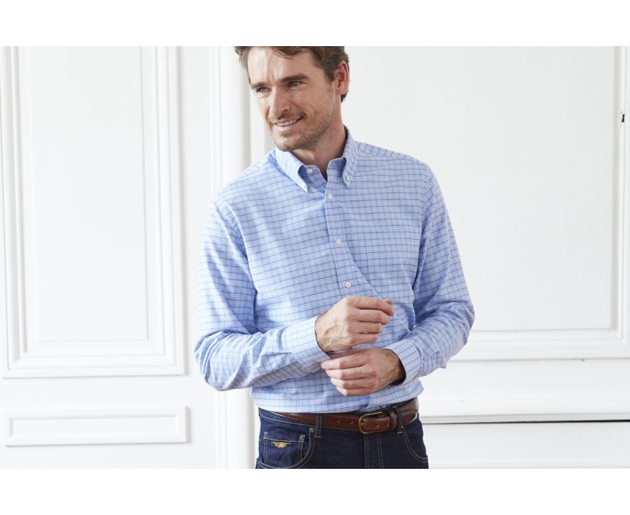 Chemise bleue twill à carreaux - Poche poitrine - BENETTH