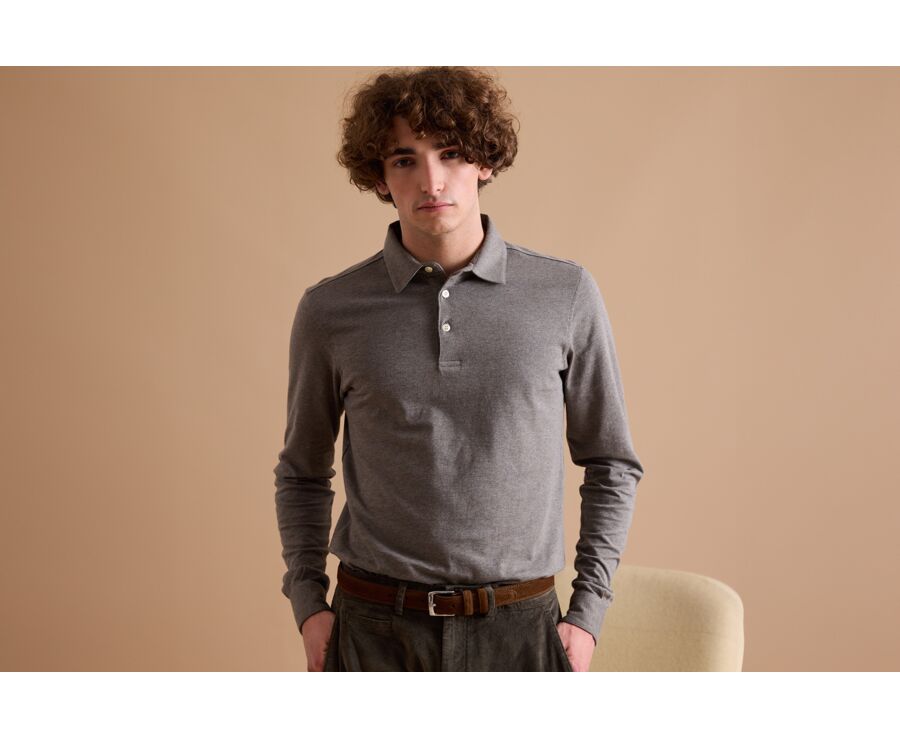 Polo manches longues homme Kaki Chiné - AIDEN