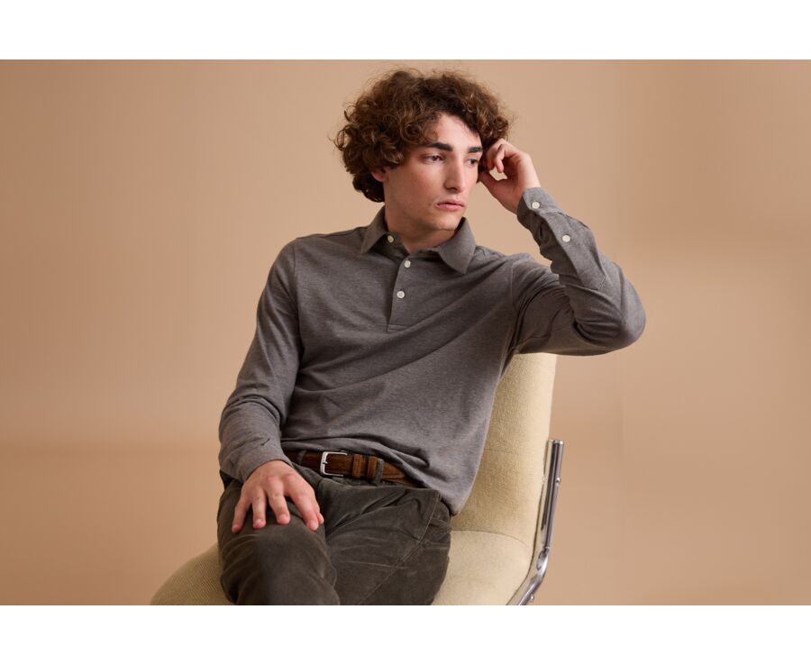 Polo manches longues homme Kaki Chiné - AIDEN