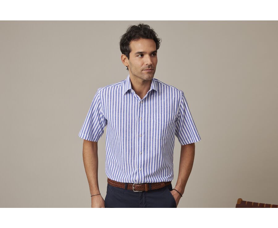 Chemise homme manches courtes bleu océan à rayures blanches - SALVIEN MC