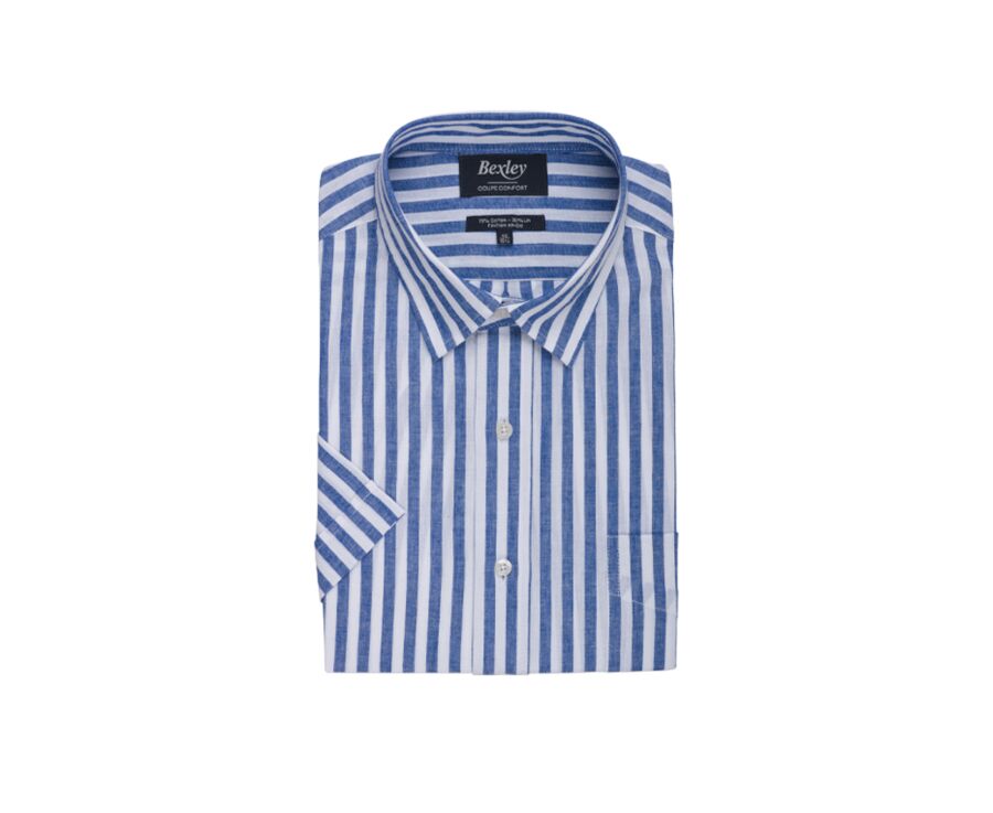 Chemise homme manches courtes bleu océan à rayures blanches - SALVIEN MC