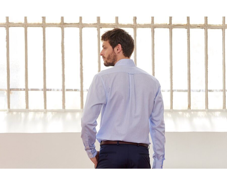 Chemise twill blanc à petits carreaux bleu - STELLAN 