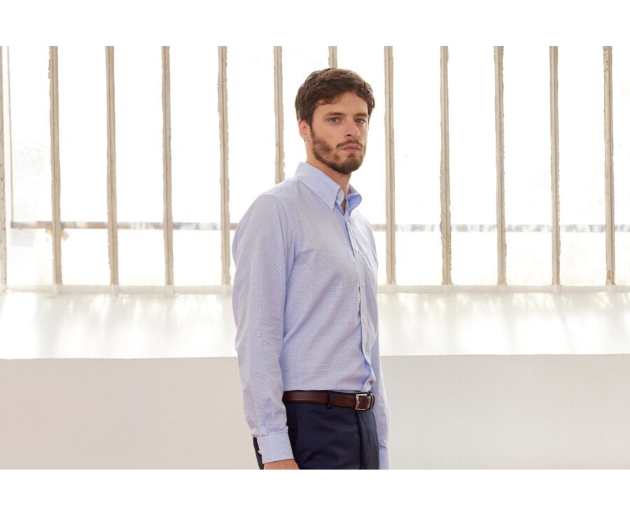 Chemise twill blanc à petits carreaux bleu - STELLAN 