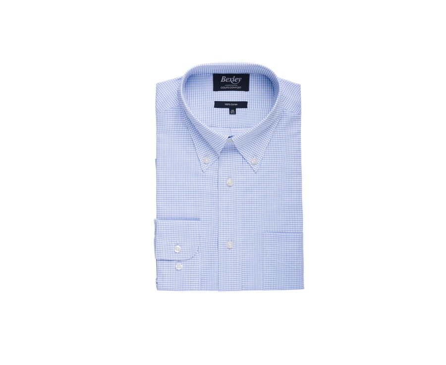 Chemise twill blanc à petits carreaux bleu - STELLAN 