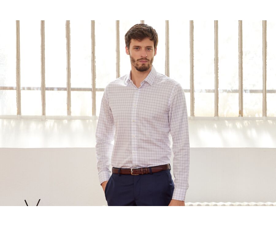 Chemise blanche carreaux bleus - Col français - SERGIUS