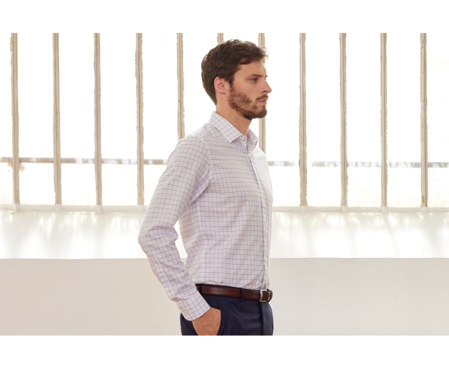 Chemise blanche carreaux bleus - Col français - SERGIUS