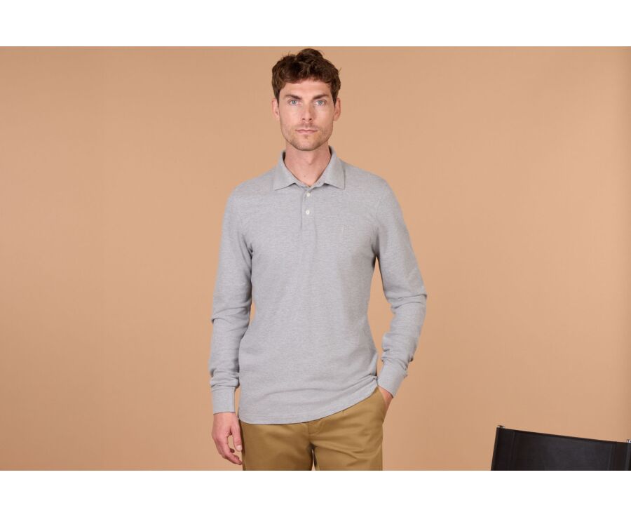 Polo manches longues homme gris chiné en coton piqué - ALEC II ML